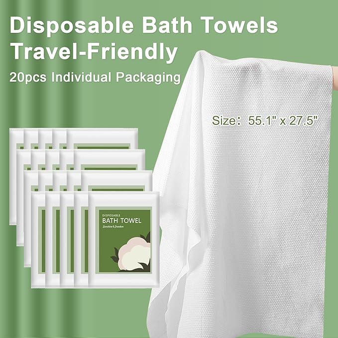 Disposable Bath Towels, 20 Pack 55" x 27.5" Ultra Soft, Quick Dry Disposable Body Towel, Portable Travel Towel for Hotel Camping Beach Swimming Gym Sauna Spa, Personal Care Pet Towels
