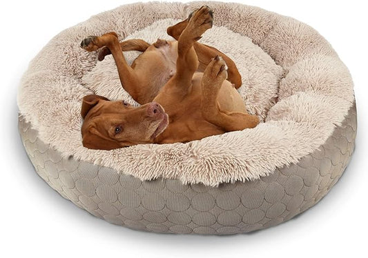 HachiKitty Dog Donut Round Calming Bed, Fluffy Bed for Medium Large Dogs, Double Sided Available with Warm & Cool Sides (30"x30"x9", Taupe)