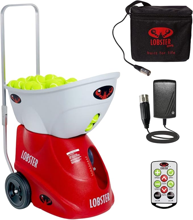 LOBSTER Sports Elite Tennis Ball Machine with External Battery - Auto Portable Ball Launcher, Preloaded & Custom Drills, Spin Control, Elevation Switch, Speeds up to 80MPH, with Multi-Function Remote