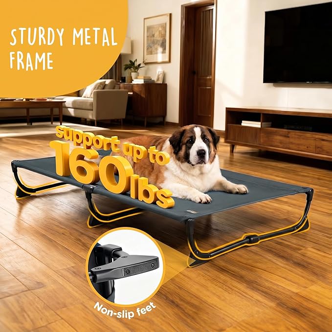 CANINE CANYON Upgraded Non-Slip Daisy Cot, Large Foldable Elevated Dog Bed, Portable Raised Outdoor Folding Dog Cot for Camping/Home, Chew Proof Waterproof Heavy Duty Up to 160 Lbs, Dark Gray, 43"x27"