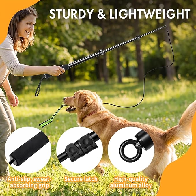 Flirt Pole for Dogs Heavy Duty – 40" Extendable Aluminum Alloy Dog Teaser Pole for Large, Medium & Small Dogs, Dog Training Stick Toy for Exercise & Training, Includes 4 Replaceable Lures
