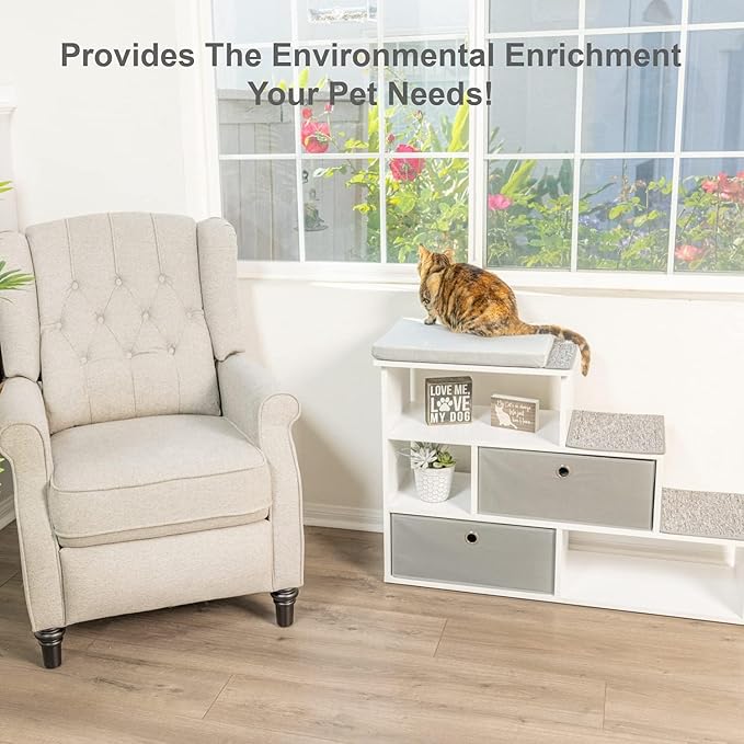 PetFusion Pet Step Window Perch Bookshelf w/ Storage Baskets 28” Tall Dog and Cat Perch, 8” Stair Height Multi-Functional Modern Furniture w/ Carpeted Step Pads & 1” Thick Premium Foam Pad