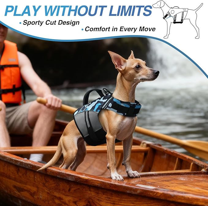 VIVAGLORY Sports Style Dog Life Vest, Dog Life Jacket for Swimming & Boating, Ripstop & Buoyancy for Puppy Doggy, Lifejacket with Handle, XS, Camo Blue