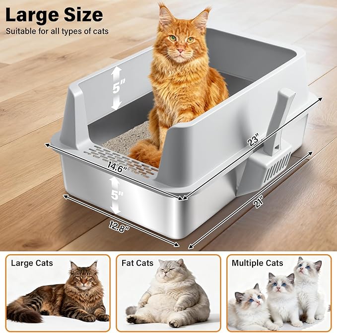 Stainless Steel Litter Box,XL Metal Cat Litter Box with High Sides Lid, Extra Large Litter Boxes for Big Cats,Odor-Resistant, Scratch-Proof, Easy to Clean, Non-Stick,Scoop Included