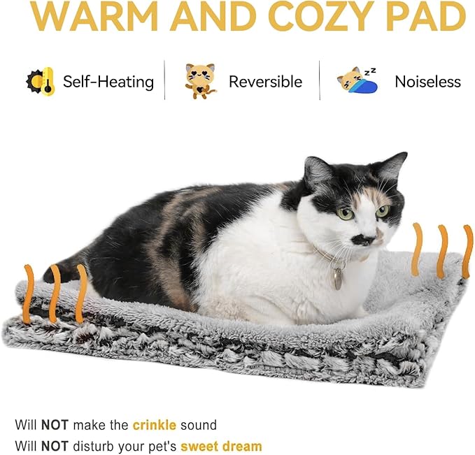 Self Heating Cat Bed Mat 24x20 inch, Thermal Self-Warming Pet Pad for Indoor Cats & Small Dogs, Reversible Washable Fleece with Silent Mylar Layer, Non-Slip Crate Pad Grey
