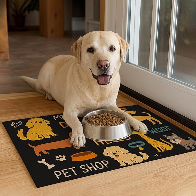 HOMETITUTE Cute Happy Dog Pattern Design Pet Food Mat 20" x 12" Fun Easy Clean Pet Feeding Mat Absorbent Cat Bowl Mat Non Slip Dog Foods Mats Pets Placemat for Dogs and Cat Feeding