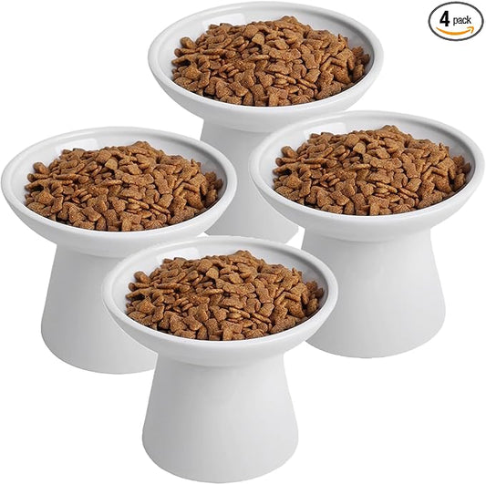 6.2 Inch Extra Wide Elevated Ceramic Cat Bowls, Food and Water Bowl Set for Elder Big Cats Small Dogs, Raised Design for Pet Easy Eating, Protect Cat's Spine Set of 4(White)