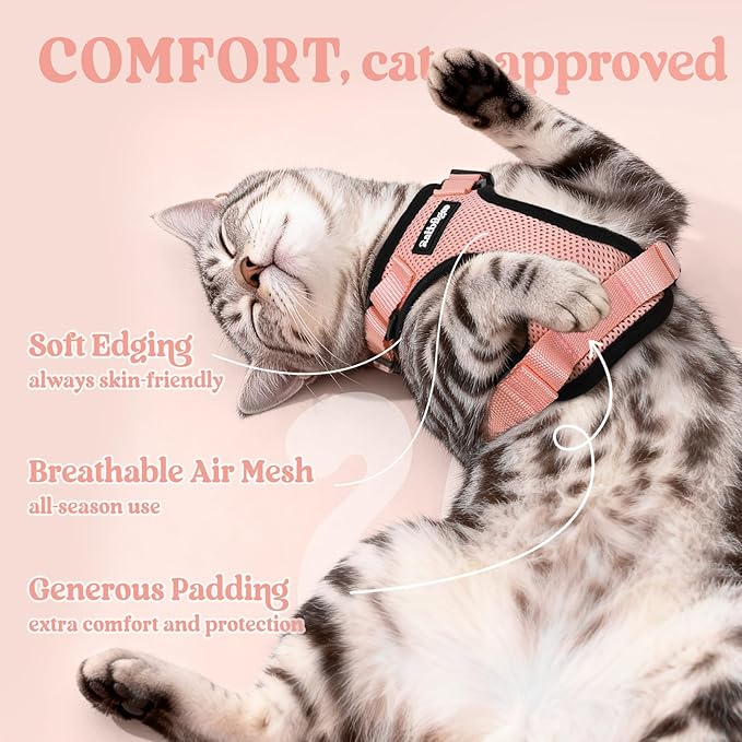 rabbitgoo Cat Harness and Leash Set, Escape Proof Vest Harness for Safe Outdoor Walks, Soft Breathable Adjustable Vest with Reflective Strips for Average to Large Cats, Light Salmon Pink, M