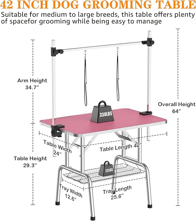 Professional Dog Pet Grooming Table Adjustable Heavy Duty Portable w/Arm & Noose & Mesh Tray (Pink, 42")