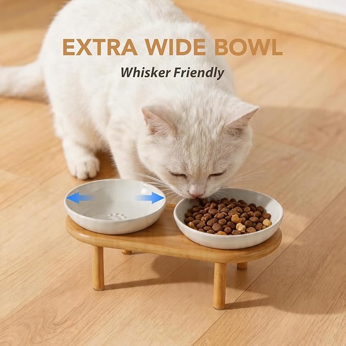 Havniva Elevated Cat Bowls Raised Ceramic Cat Bowl, 5.9” Wide Opening Cat Food Bowl Whisker Friendly Cat Dish Anti-Slip with Bamboo Stand, Shallow Pet Food & Water Bowl for Indoor Cats