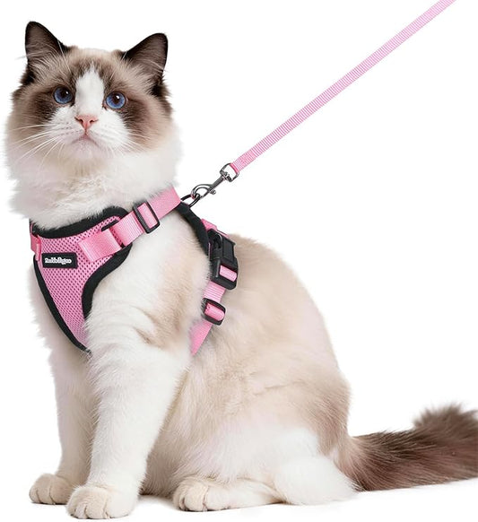 rabbitgoo Cat Harness and Leash Set, Escape Proof Vest Harness for Safe Outdoor Walks, Soft Breathable Adjustable Vest with Reflective Strips for Average to Large Cats, Pink, M