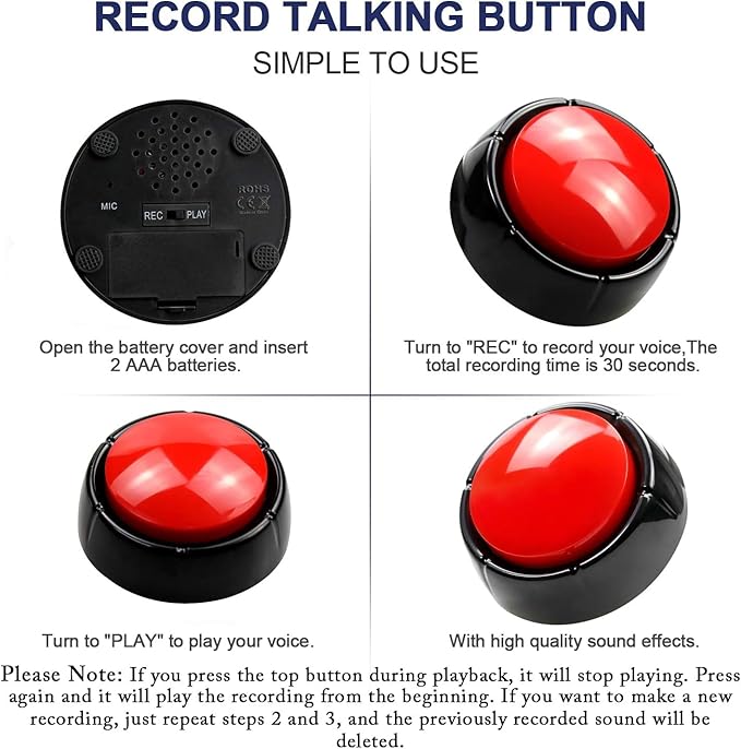 Recordable Talking Button, Dog Buttons for Communication Pet Training Buzzer, 30 Seconds Record & Playback, Funny Record Buttons for Pet, Classroom, Office, Home