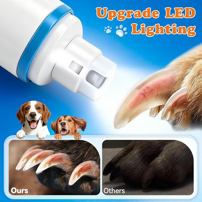 Dog Nail Grinder with LED Light – Quiet & Safe Pet Nail Trimmer for Small Medium Large Dogs & Cats, Cordless & Rechargeable, Low Noise Dog Nail Care for Beginners