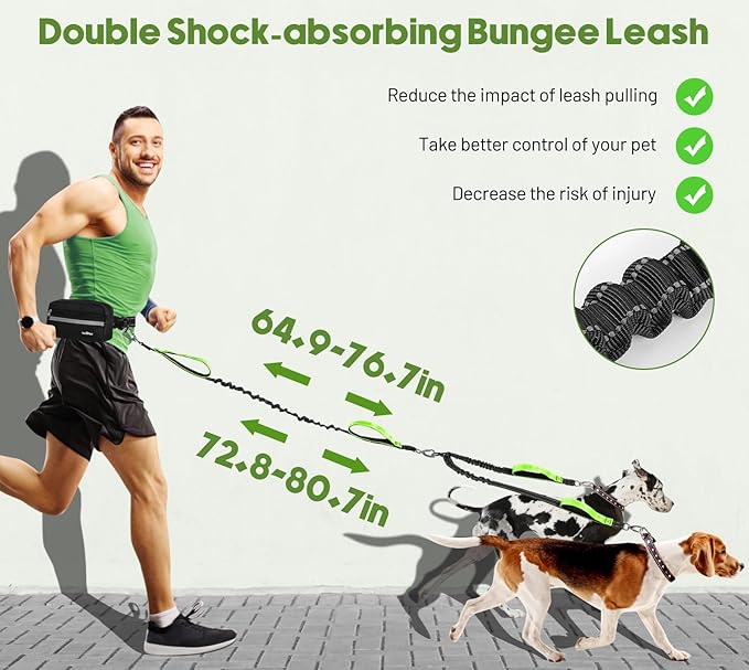 VavoPaw Hands Free Dog Leash for 2 Dogs with Pouch, Waist Leash for Dog Walking, Retractable Leashes with Dual Padded Handles, Adjustable Reflective Belt for Small Medium Large Dogs, Black Green