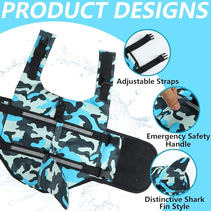 EMUST Dog Life Vests, Pet Floats for Swimming, Boat, Pool, Ripstop Dog Life Jacket with High Buoyancy and Lift Handle for Small and Medium Breeds, (M,Blue Camouflage)