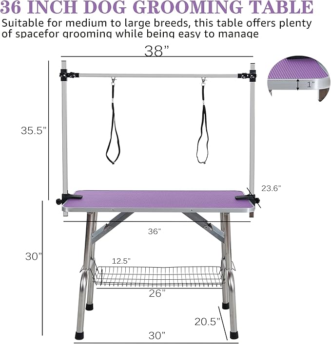 Professional Dog Pet Grooming Table Adjustable Heavy Duty Portable w/Arm & Noose & Mesh Tray (Purple, 36")