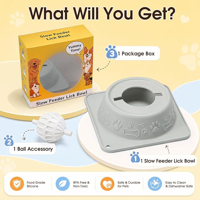 Slow Feeder Dog Bowls, Anti-Slip Dog Lick Bowl with Interactive Rolling Ball, Anxiety Relief Liquid Treat Feeder, Bone Broth Yogurt Licking Toy for Small Medium Large Dogs and Cats(Gray)