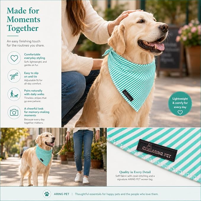 ARING PET Stripe Dog Bandanas, Cute Teal Pet Bandana Scarf Triangle Bib for Small Medium Large Boy Girl Dogs Cats, Puppy Kerchief for Daily Wear Walks Party Photos-S