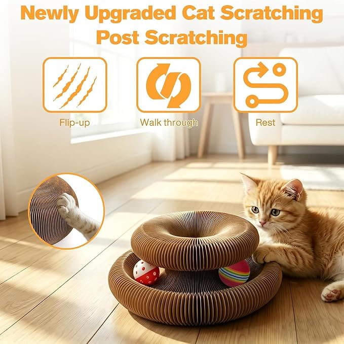 Magic Organ Cat Scratcher Boards with 2 Balls & 1 Interactive Cat Feather Toy, Foldable Recyclable Accordion Cats Toy with Ball and Track Adventure, Cat Scratching Pad