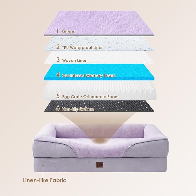 EHEYCIGA Orthopedic XL Dog Bed for Large Sized Dog, 48x35 Inch Extra Large Memory Foam Dog Couch Bed with Sides, Waterproof Liner & Washable Removable Cover, Bolster Pet Sofa, Purple