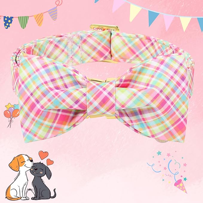DOGWONG Easer Dog Collar with Bow,Colorful Plaid Dog Collar, Adjustable Durable Soft Collars Easter Dog Collars for Male Female,M