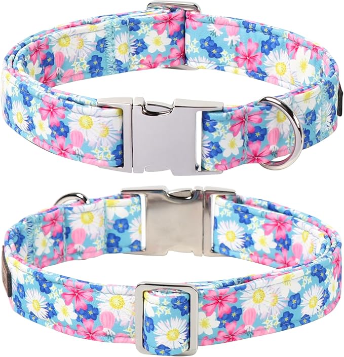 Lionet Paws Floral Dog Collar with Sailor Bow, Spring Wildflowers Daisy Forget Me Not Dog Collar Bow Tie for Dogs, Medium, Neck 13.5-22 inches