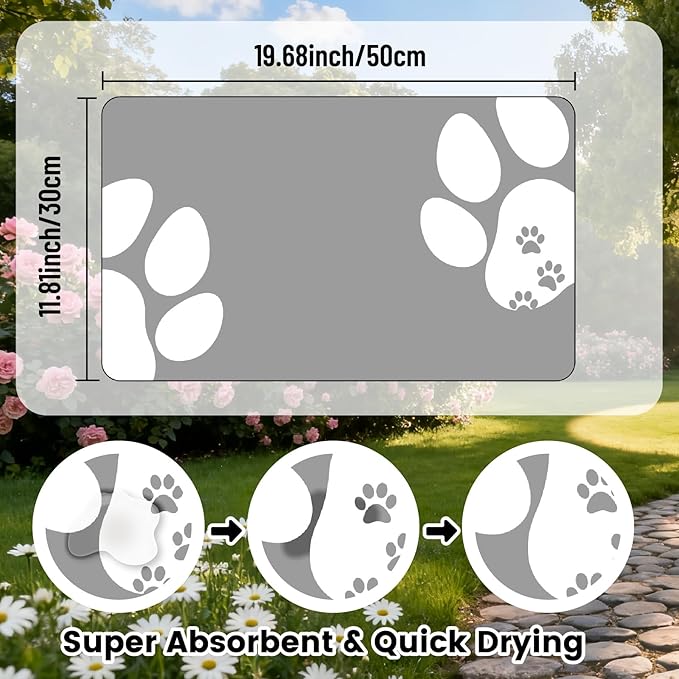 Dog Feeding Mat Top Paw Dog Bowl Mat Grey Footprint Pattern Cute Rectangle Diatomaceous Earth Absorbent Quick Dry Cat Pet Placemat Protect Floors for Food and Water Supplies 20 x 12 Inch