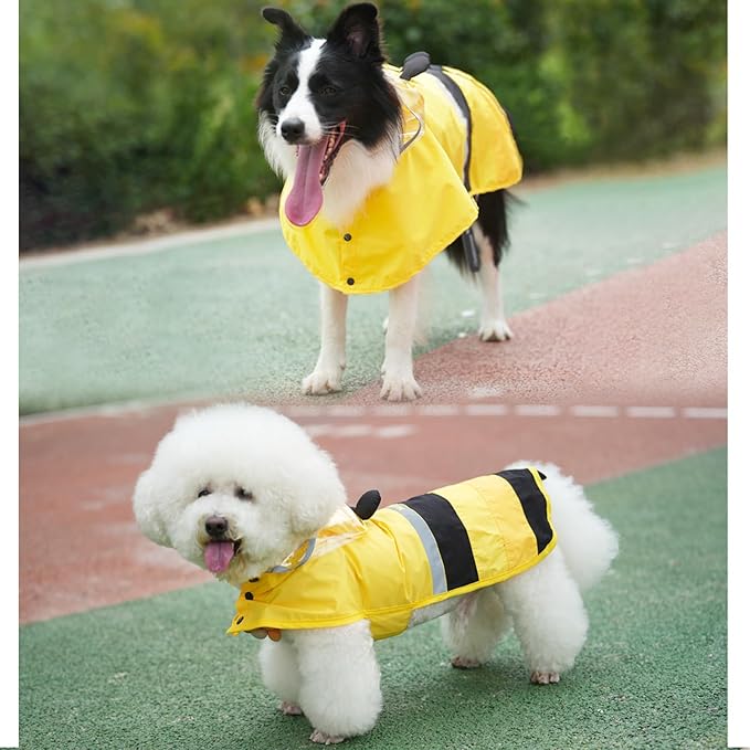 Dog Raincoat, Waterproof Reflective Adjustable Hooded Dog Rain Coat with Leash Hole, Lightweight Breathable Pet Poncho for Dogs (Yellow Bee, Large(22-37lb))