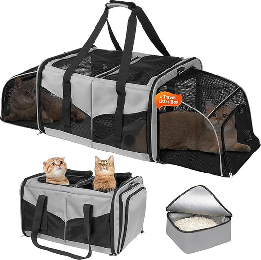 A.FATI Cat Carrier for 2 Cats, Pet Carrier for Multi-Cat Families & Small Dog, Expandable Double Soft Sided Carrier with 2 Litter Boxes, Pet Travel Carrier for Travel, Vet Visits & Home Use