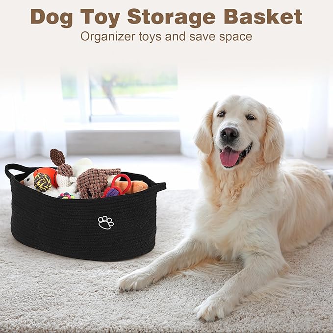 Optish Dog Toy Basket, Toy Storage Box and Bin with Handles, 19.7" X 11" X 7.9" (30L) Large Woven Rope Basket for Blankets, Living Room, Bedroom, Black
