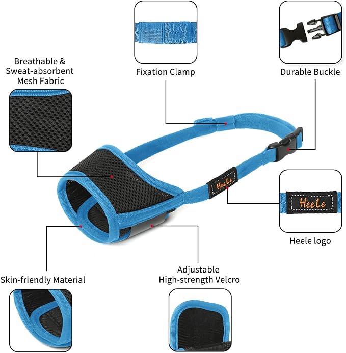 HEELE Dog Muzzle,Soft Nylon Muzzle Anti Biting Barking Chewing,Air Mesh Breathable Drinkable Adjustable Loop Pets Muzzle for Small Medium Large Dogs (Sky Blue,L)