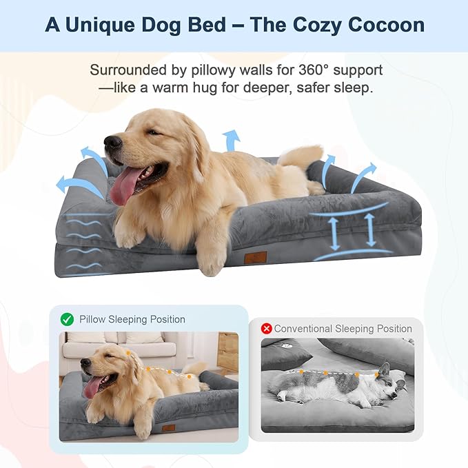 Orthopedic Dog Beds for Large Dogs, Big Waterproof Dog Bed with Removable Bolster, Nonskid Bottom and Egg Crate Foam Pet Mat, Large Pet Bed with Washable Removable Cover, Grey