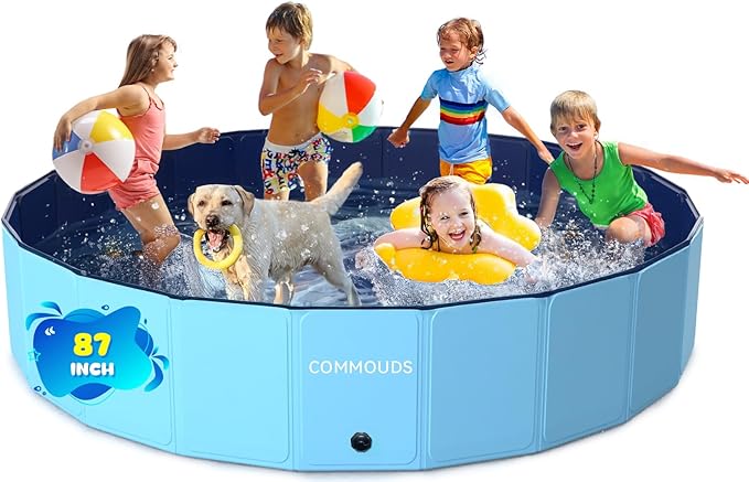 COMMOUDS 87Inch Foldable Dog Pool, Ectra Large Hard Plastic Dog Kiddie Swimming Pool, Collapsible Pet Bath Tub Wading Pools for Kids and Puppy Small Medium Large Dogs(87inch.D x 16inch.H)