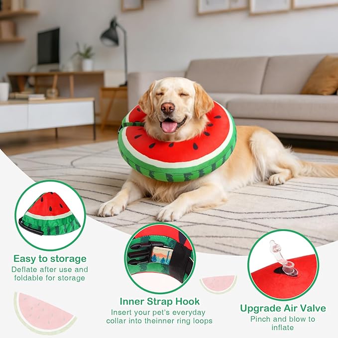SCENEREAL Dog Cone Alternative After Surgery Donut Collar, Soft Pet Recovery Pillow Collar for Medium Large Dogs, Inflatable Adjustable Neck Collars to Prevent Licking, Watermelon XL