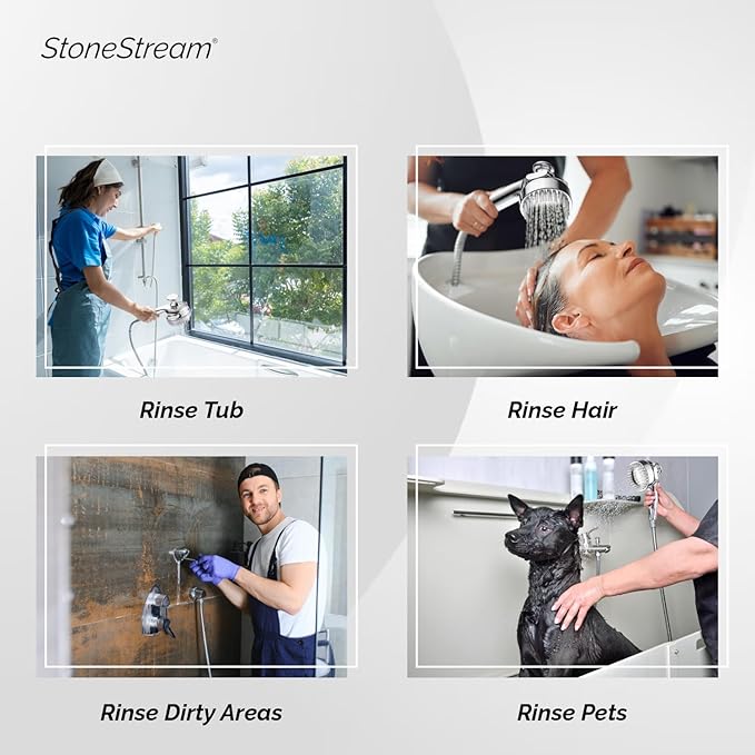 StoneStream Handheld Shower Head with Soft Comb for Foaming and Pampering Pets | High Pressure Showerhead with 3 Sprayer Setting, Built-in Bristles for a soothing grooming Routine for Dogs, Cats