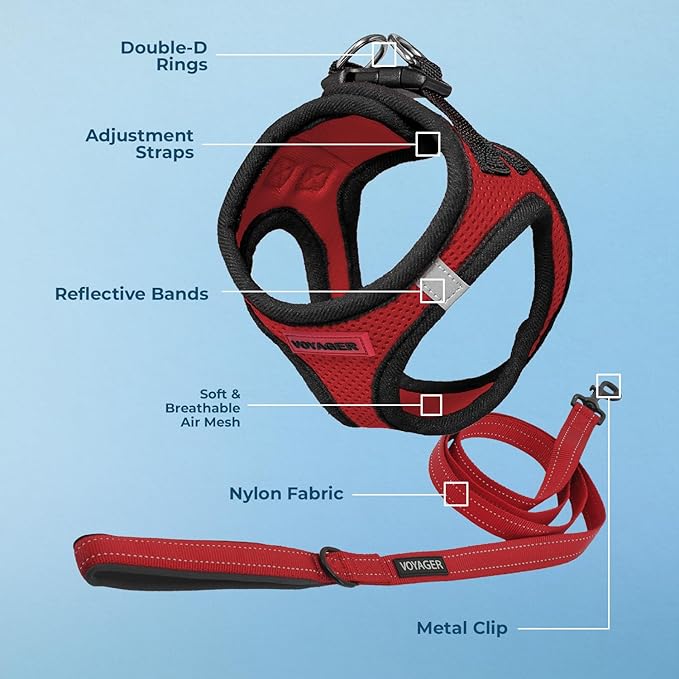 Best Pet Supplies Voyager Step-in Air All Weather Mesh Harness and Reflective Dog 5ft Leash Combo with Neoprene Handle, for Small, Medium and Large Breed Puppies - Set (Red/Black Trim), X-Small