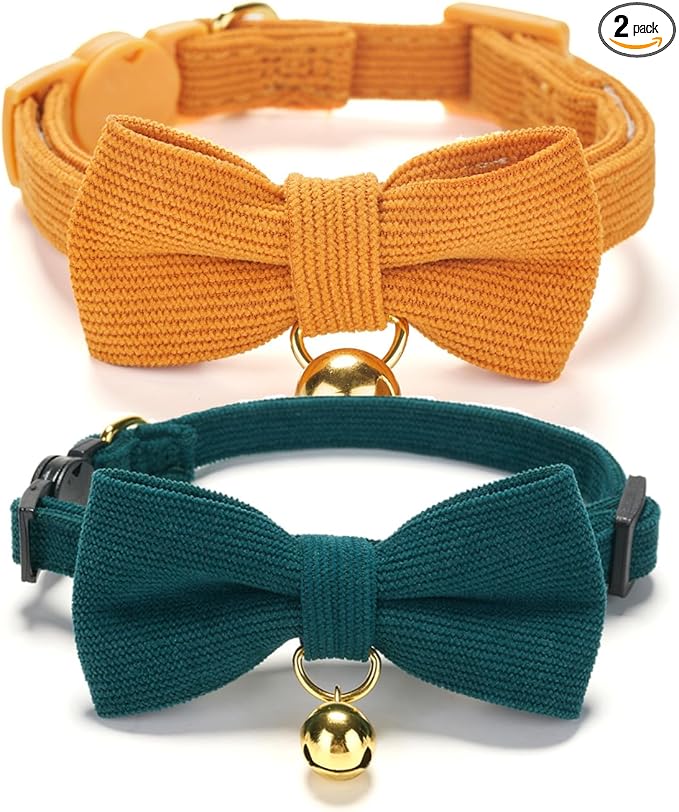 2 Pack Soft Corduroy Cat Collars with Bow Tie & Bell Adjustable Breakaway Bowtie Kitten Collar for Girl Boy Kittens(Orange & Dark Green)