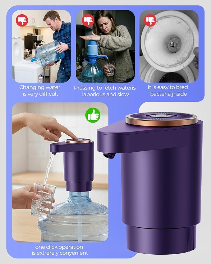 Water Jug Pump for 5 Gallon Bottle – Portable Electric USB-C Charging Dispenser, Dual Powerful Motors, Fast Flow, Fits 2-5 Gallon Jugs – Ideal for Home, Office, Camping, RV, Dark Purple