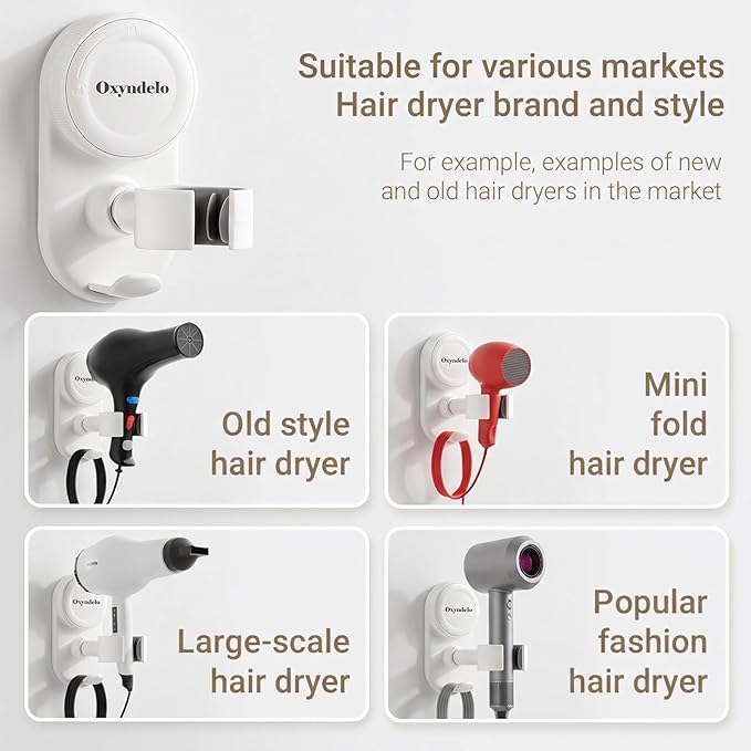 Hair Dryer Holder Wall Mounted Suction Cup Blow Dryer Stand with Cord Organizer Compatible with All Dryer 360°Adjustable No Drill Installation Hair Dryer Stand for Bathroom, Bedroom (White)