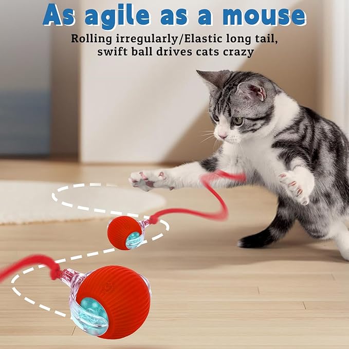 Interactive cat Toys for Indoor Cats, Speedy Tail 3.0 Cat Toy, Motion Activate cat Toy Ball，Automatic Toys for Bored Indoor Cats, Speedy Tail 2.0 Cat Toy, Rechargeabl (Red)