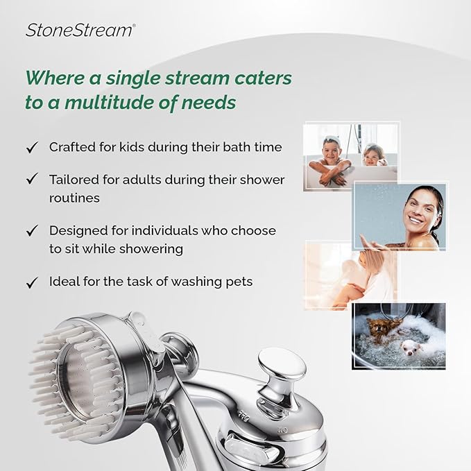 StoneStream Handheld Shower Head with Soft Comb for Foaming and Pampering Pets | High Pressure Showerhead with 3 Sprayer Setting, Built-in Bristles for a soothing grooming Routine for Dogs, Cats