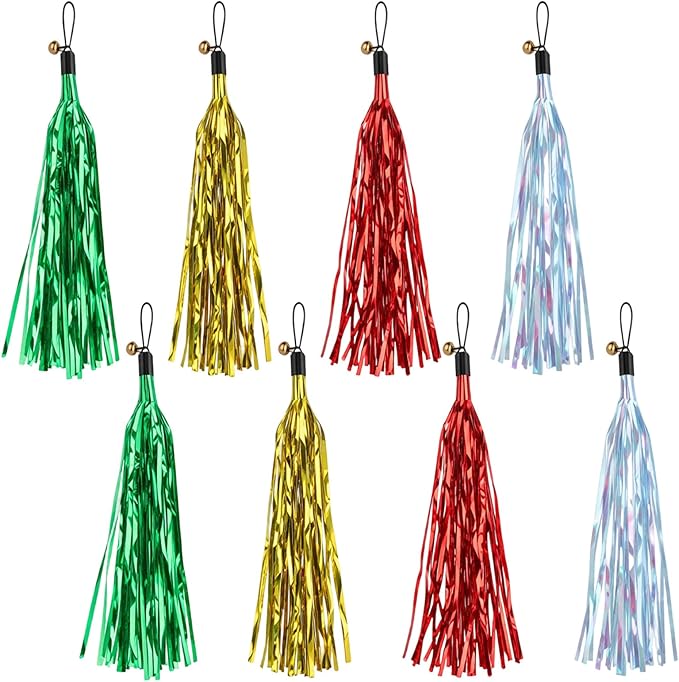 8Pcs Cat Wand Toy Replacement with Bell Metallic Foil Tassel, 9Inch Cat Wand Attachments for Most Cats Indoor Cats Interactive Chase Exercise, 4 Colors