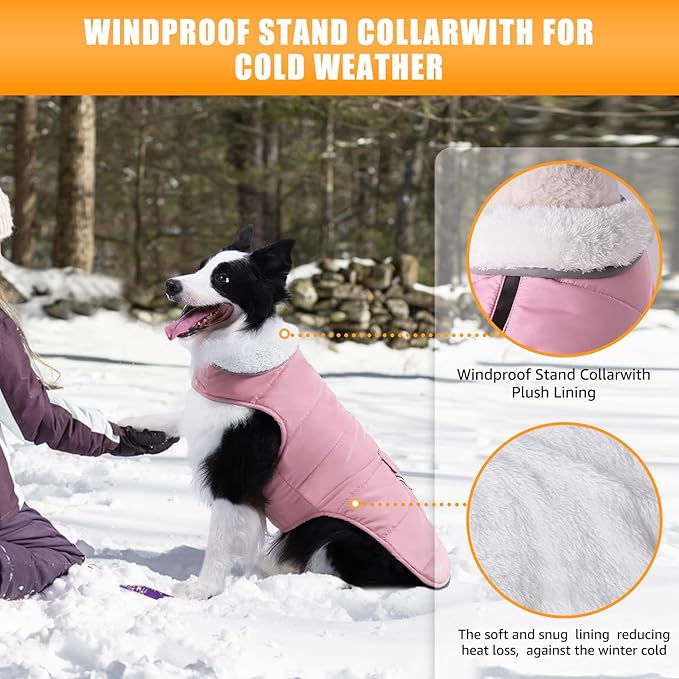 Dog Winter Coat for 2X- Large Dogs, Easy on XXL Dog Snow Jacket Velcro Waterproof Pet Puffer Clothes with Harness Hole Adjustable Reflective Quilted Pet Cold Weather Vest for Girl Female