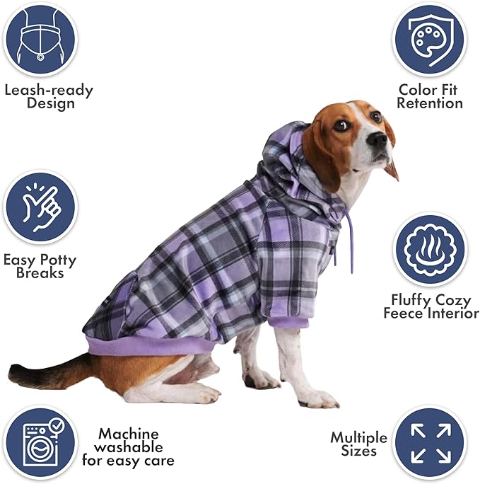 Spark Paws Dog Hoodie – Premium Dog Sweater for Small, Medium, and Large Dogs | Warm Outfits for French Bulldogs, Pitbull, Puppy, Winter Jacket Alternative - Purple Plaid - M