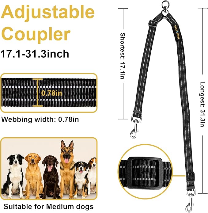 MingXpet Double Dog Leash for Two Dogs, No Pull Dog Leash, 360° Swivel No Tangle for Medium Dogs Walking & Training, Shock Absorbing Reflective Bungee, Black