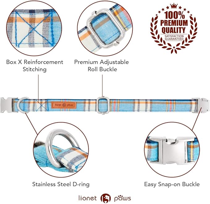 Lionet Paws Boy Dog Collar with Bowtie, Comfortable Adjustable Cute Blue Plaid Bow Tie Collar for Male Dogs Gift, Medium, Neck 13.5-22 inches