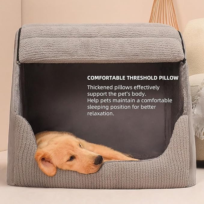 Extra Large Dog Bed House, 30D Memory Sponge, Cozy Dog House Indoor, Plush Dog Cave Bed Crate Cushion with Non-Slip Bottom for Medium Large Dogs (Grey, M)