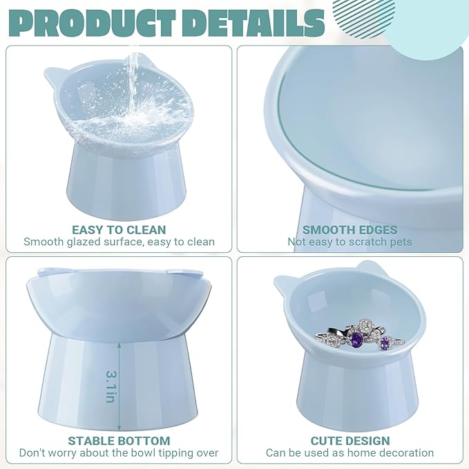 Zhehao 2 Pcs Elevated Cat Bowl Set, Tilted 15° Plastic Raised Food and Water Bowls Anti Vomit Pet Feeding Dishes for Indoor Cats/Small Dogs(Cat Ears,Light Green, Blue)