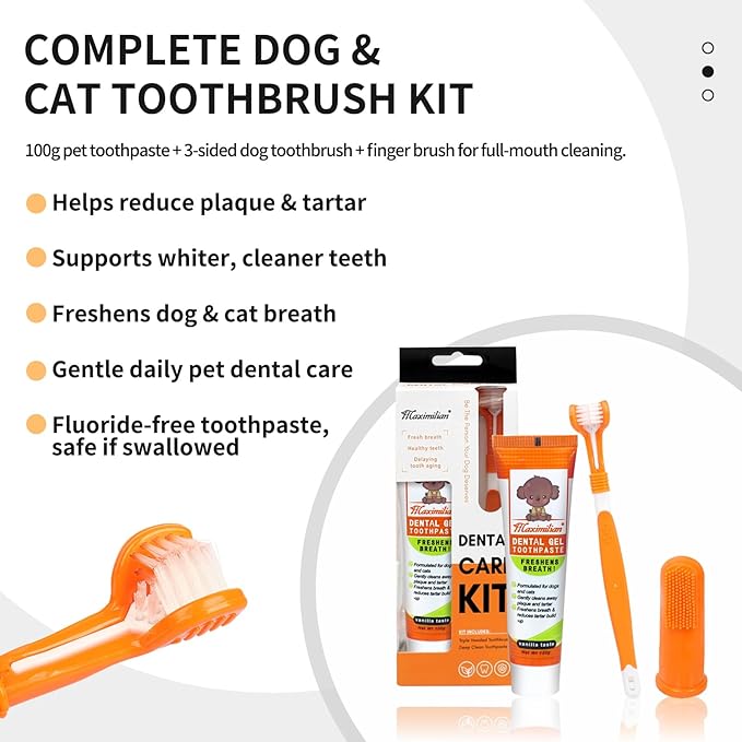 Dog & Cat Toothpaste Kit with Toothbrush & Finger Brush – 100g Vanilla Flavor Pet Toothpaste – Helps Reduce Plaque, Freshen Breath & Support Healthy Gums – Puppy & Adult Pet Dental Care