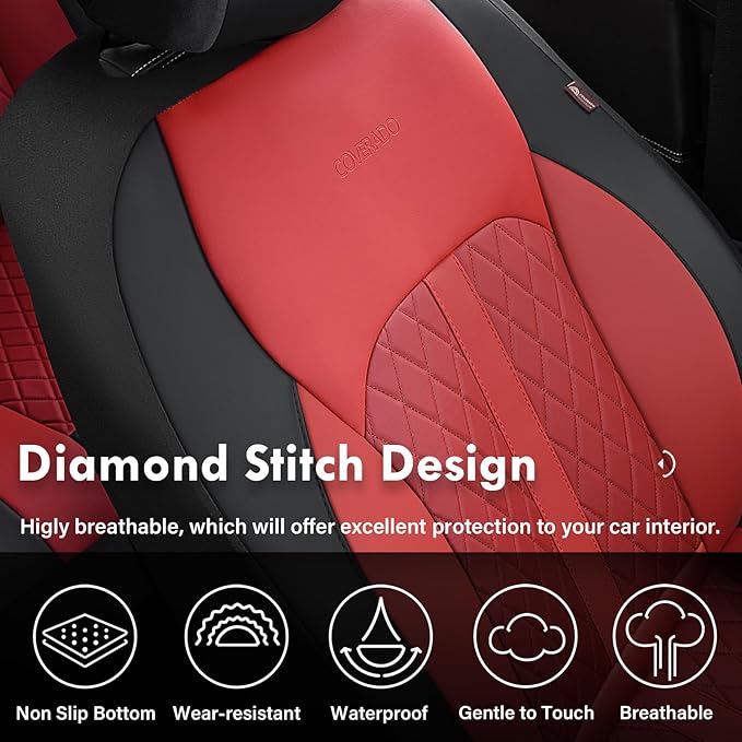 Coverado Universal Leather Seat Covers Full Set for 5 Seats – Waterproof, Durable All-Weather Protector for SUV, Pickup Truck, Sedan （Red）